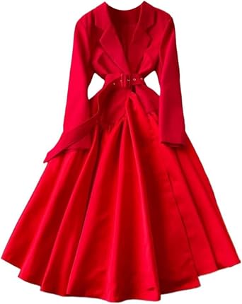 Korean Style Dress Womens Autumn Lapel Long Sleeves Belt Waist Pleated Elegant Dresses Female Red M