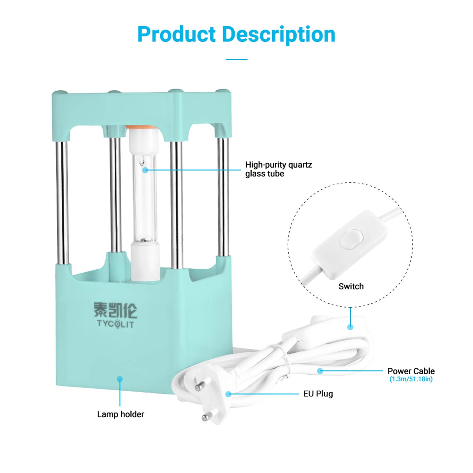 Lámpara esterilizadora UV, lámpara germicida de desinfección UVC con función de sincronización automática para el hogar, jardín de infantes, escuela, oficina,Azul,8W