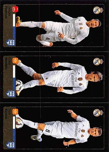 2015-16 Panini FIFA 365 Stickers Soccer #383-384-385 Sergio Ramos/Luka Modric/Toni Kroos Trading Card Sized Album Sticker Dark shiny