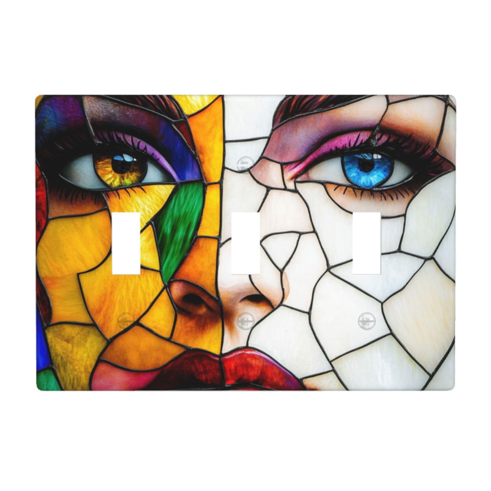 Woman's Face Stained Glass Light Switch Covers 3 Gang Triple Toggle Wall Plate Switchplate Electrical Faceplate for Bathroom Kitchen Bedroom Decor