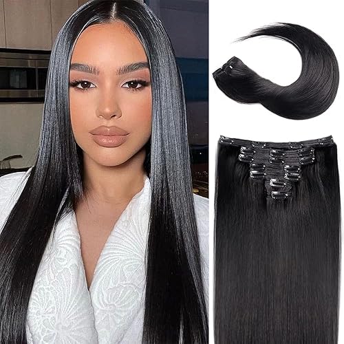 Heilisen Extensiones de cabello lacio con clip, extensiones de cabello humano real sin costuras, extensiones de cabello brasileño Remy 10A, doble