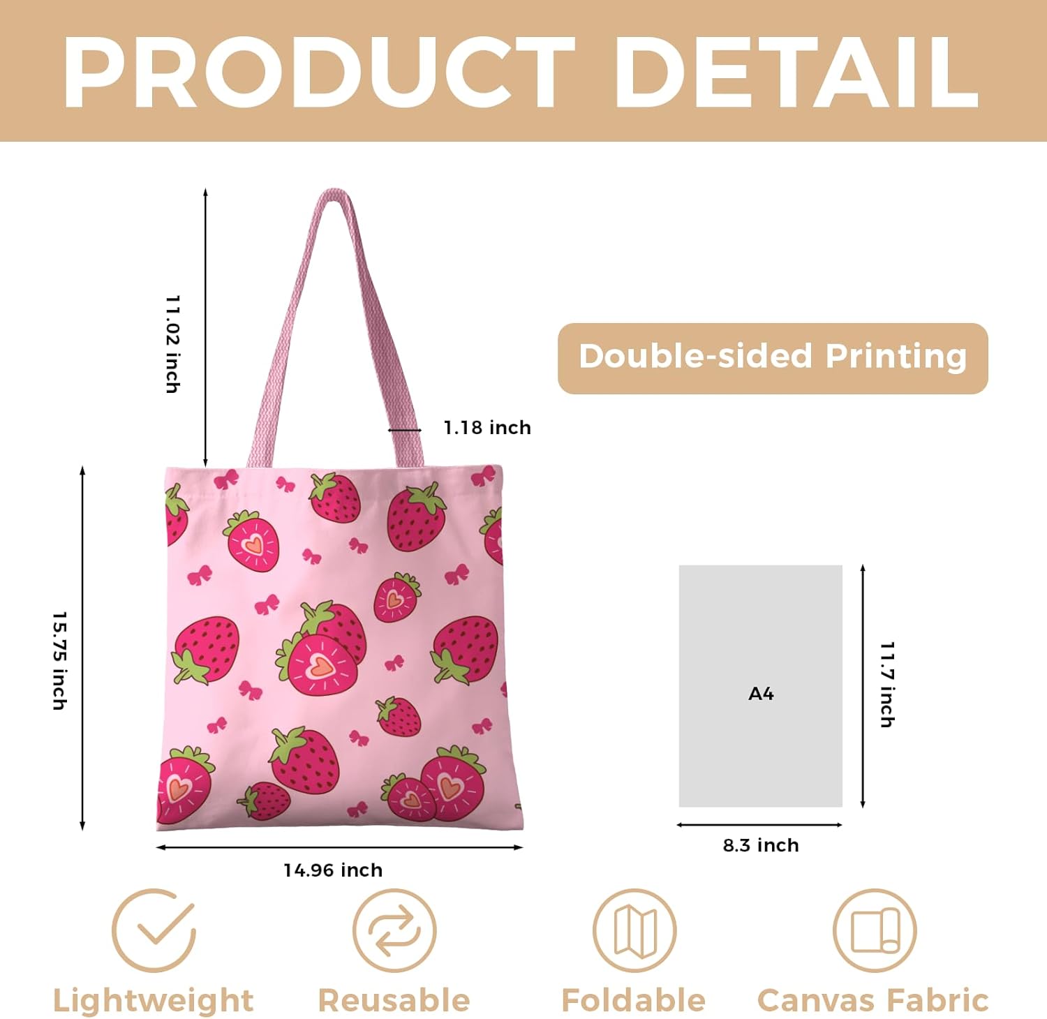 Cute Aesthetic Canvas Tote Bag for Women, Reusable Foldable Shopping Cotton Shoulder Totebag with Zipper Pocket - Image 6