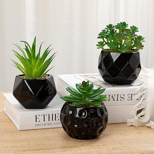 Miniatura 3 de Briful Plantas suculentas artificiales en macetas de cerámica, juego de 3 suculentas artificiales con macetas geométricas negras, decoración moderna