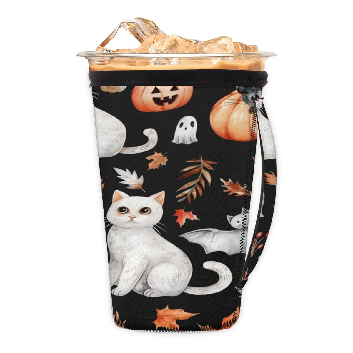 Cat Pumpkin Leaf M Reusable Iced Insulator Coffee Sleeves Neoprene Insulated Sleeves With Handle Coffee Sleeves for Iced Coffee Cups Drinks