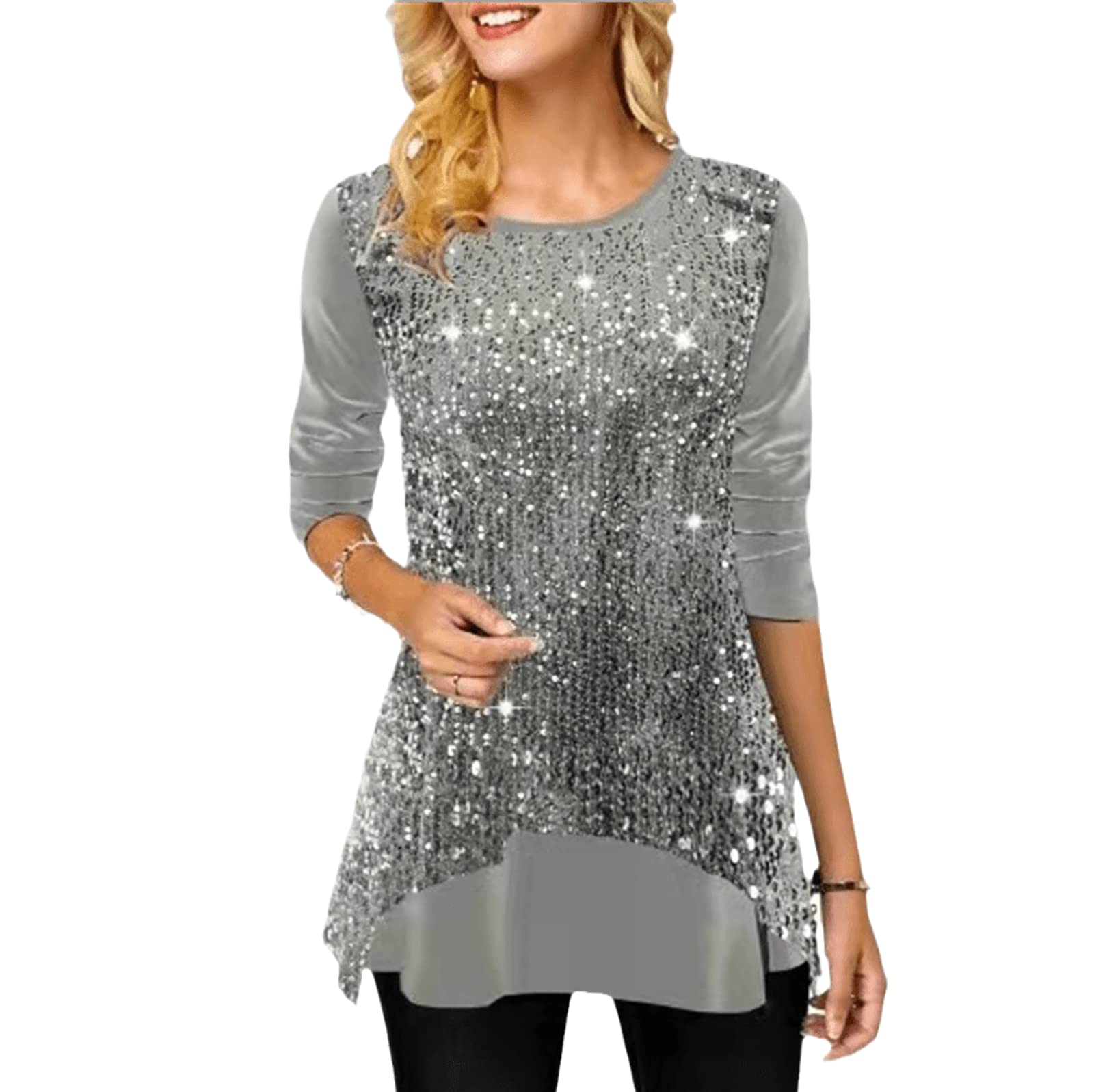 AubnICOSparkly Tops for Women Casual Long Sleeve Loose Blouse Elegant Solid Color Shirt Shiny Sequin Pullover Tops