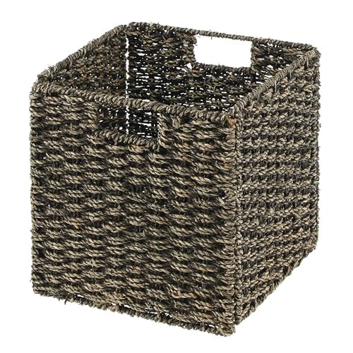 mDesign Seagrass Woven Cube Basket Organizer with Handles - Storage for Kitchen Cabinet or Pantry Shelf - Perfect for Cubby Storage Units - Holds Snacks or Small Appliances - 4 Pack - Black Wash