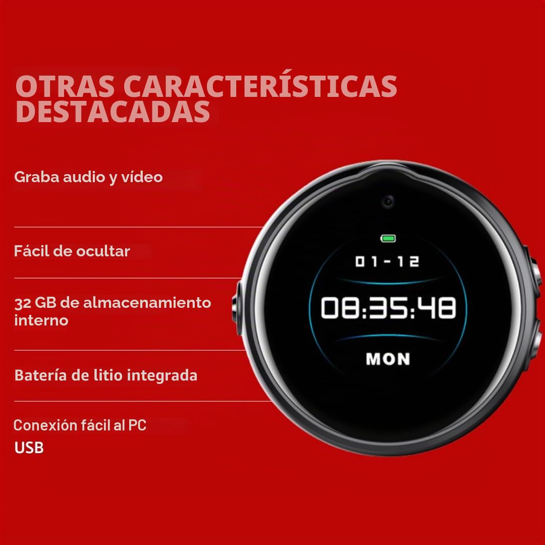 Reloj LCD con clip trasero cámara espía Full HD 32GB visión nocturna