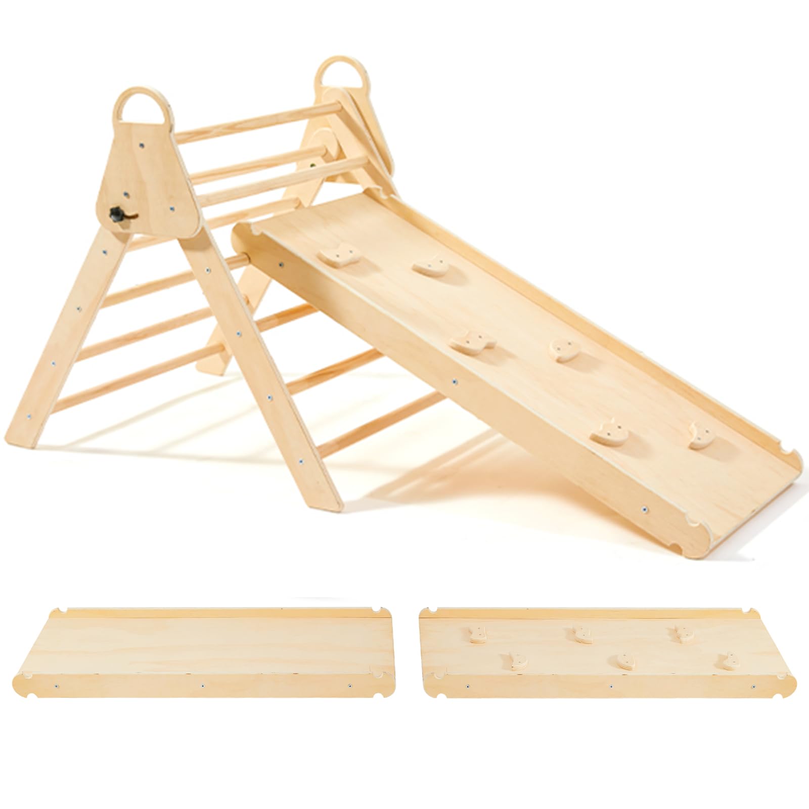 KIDHABE 3-in-1 Foldable Pikler Triangle Set with Handrails, Wooden Montessori Play Gym with Sliding Ramp, Kids Indoor Climbers & Gym & Playground, Toddler Climbing Toy for Preschool Learning