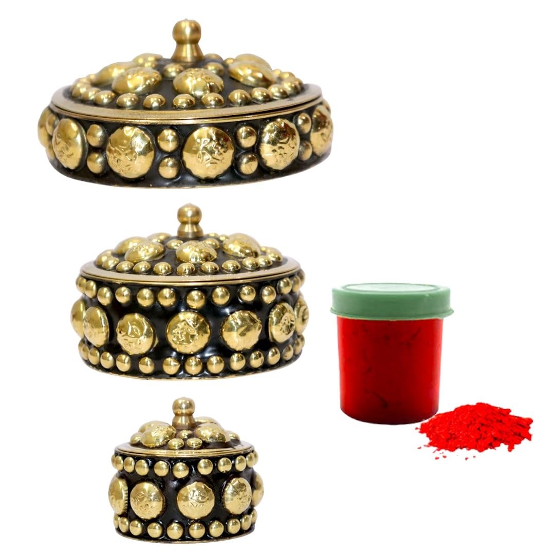 Brass Kumkum Box 3 Pcs Free Red Sindoor Powder Indian Pooja Roli Religious Item Handicrafted Round Beads Decorative Box Haldi Sindoor Kumkum Holder Women Accessories