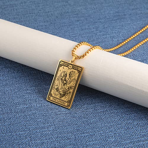 Teamer Skeleton Tarot Necklace Stainless Steel Amulet Marigold Tarot Card Major Arcana Necklaces For Women Men (Gold-The Lovers) #TOP3