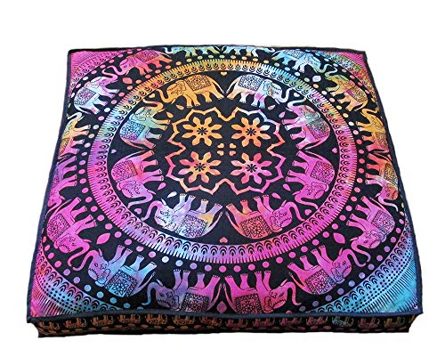 CRAFT KALA Funda de cojín de suelo de mandala con diseño hippie, bohemio, otomano, pufs, pompones, bohemio, algodón indio, para salón, yoga, decoración del hogar, 89 cm, cuadrada, multicolor, elefante