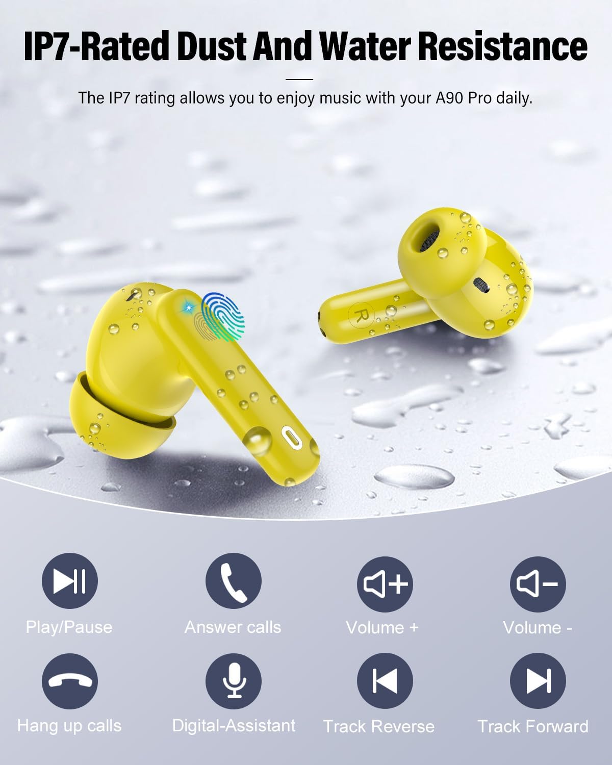 Wireless Earbuds, Bluetooth 5.4 Headphones Bass Stereo, Ear Buds with Noise Cancelling Mic, LED Display in Ear Earphones Clear Calls, IP7 Waterproof Bluetooth Earbuds for Laptop/Phones/Sports, Yellow - Image 7