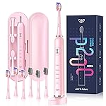 JTF Sonic Electric Toothbrush - with Travel Case and 6 Brush Heads, Fast Charging toothbrushes for 60 Days Long Lasting, 5 Modes Power Toothbrush for Women, Pink