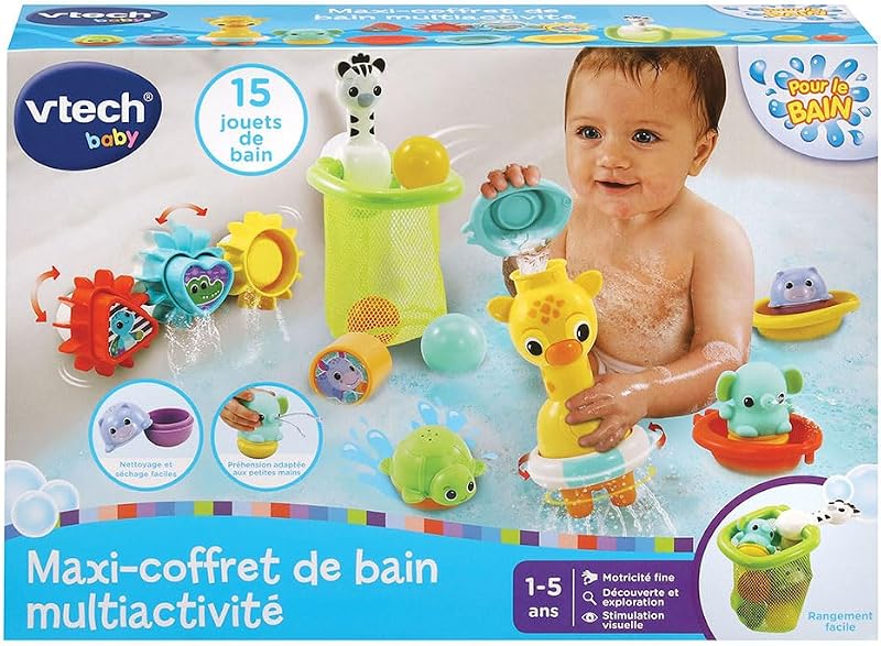 VTech - Maxi-Coffret de Bain Multi Activité, 15 Jouets de Bain Bébé, Animaux, Bateaux, 3 Formes, 3 Balles, Filet de Rangement, Cadeau Enfant Garçon et Fille Dès 1 an - Contenu en Français