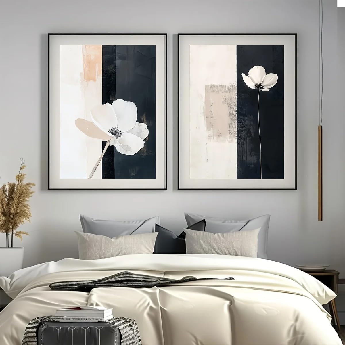 SDVIB Minimalist Black White Beige Floral Canvas Print Mid-century Abstract Plant Wall Poster for Modern Spring Home Decor(50x70cm/2PCS Frameless)
