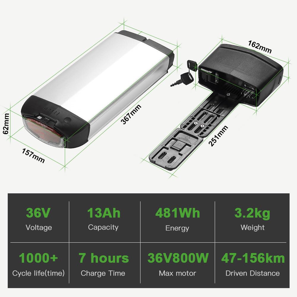 E-Bike Batterie 36V 13Ah Li-ion Akku Gepäckträgerbatterie mit Ladegerät, Passend für 26"/27,5"/28" V-Brake 250W-800W Elektrofahrrad NCM, Hamburg, Munich(36V 13Ah Batterie ohne Gepäckträger)