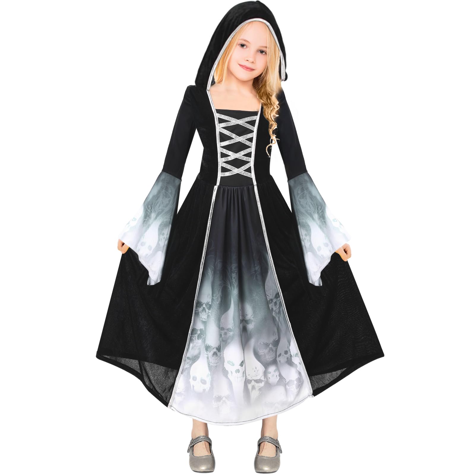 UNOLIGA Disfraz Halloween Niña 5 6 7 8 9 10 Años, Vestido Halloween Niña Miedo, Disfraz Novia Muerta Fantasma Niña, Traje Halloween Negro Niña (Altura Sugerida 110-145 cm)