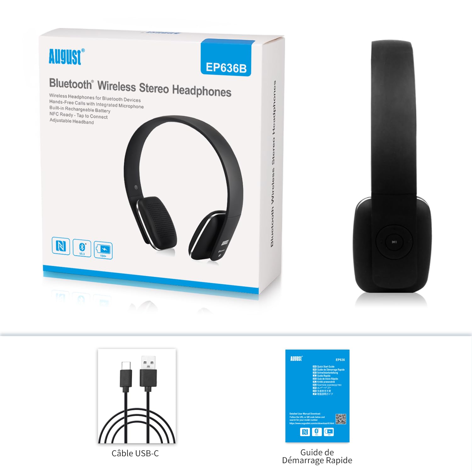 August EP636 - Casque Bluetooth sans Fil aptX - Homme Femme NFC Micro Audio Stéréo Supra Aural Ultra-léger Confortable, Batterie 14h d'autonomie Wireless - Compatible Android Apple Windows - Noir