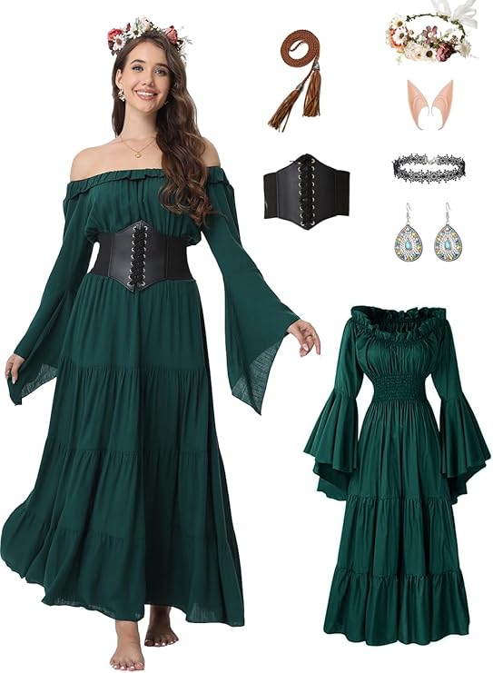 VNVNE 7 Pcs Halloween Medieval Renaissance Witch Dress for Women, Victorian Vintage Gothic Cosplay Fairy Costumes