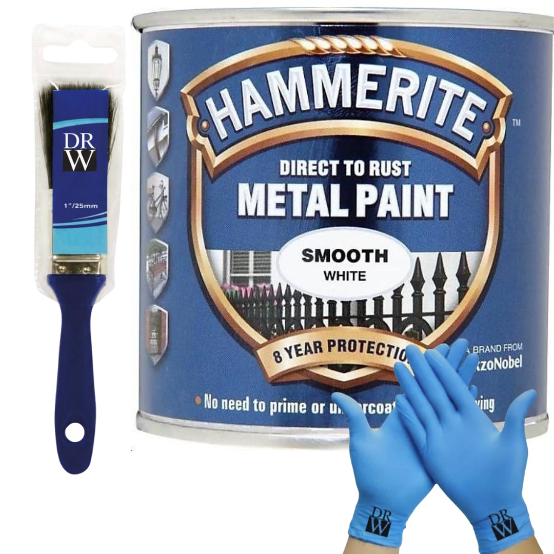 DRW Hammerite Direct to Rust Metal Paint Smooth White 250ml 1" Paint Brush & Free Nitrile Gloves | Durable Anti-Rust Protection for Indoor & Outdoor Metal