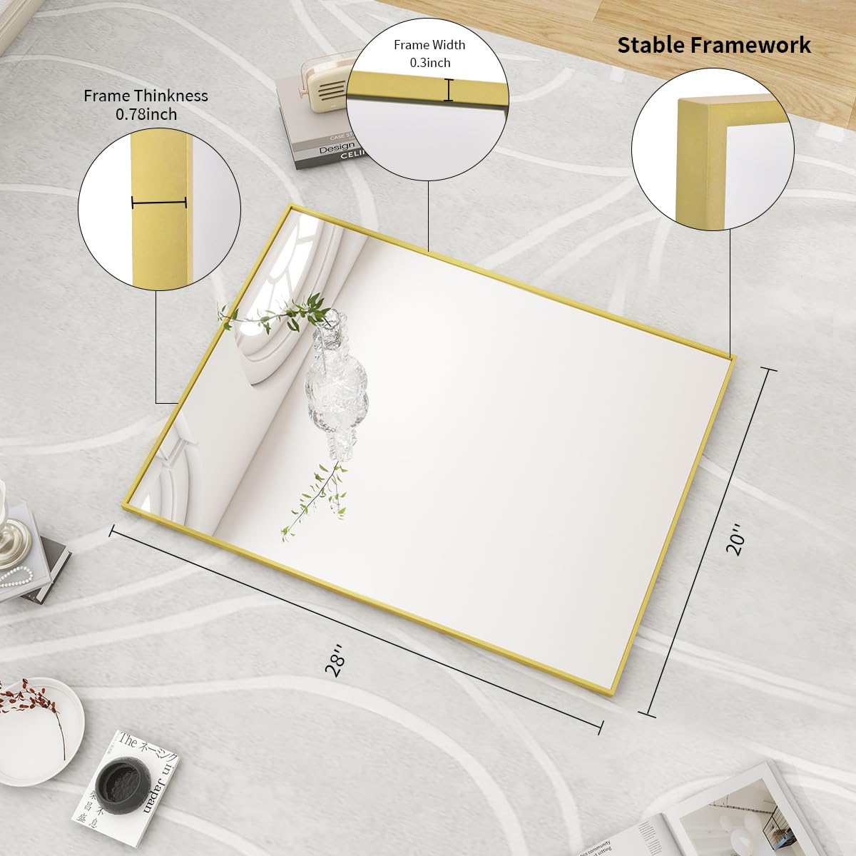 BEAUTYPEAK Wall Mirror Rectangular Bathroom Mirror with Metal Frame, Hangs Horizontal or Vertical for Living Room Bedroom Bathroom Entryway