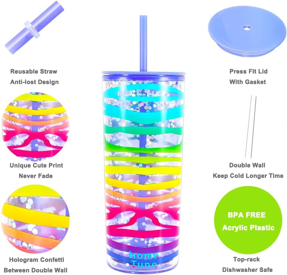 Home Tune Cute Tumbler Cups with Lid and Straw, Double Wall Insulated Acrylic Cup, 21 oz / 620ml - Rainbow - Image 4