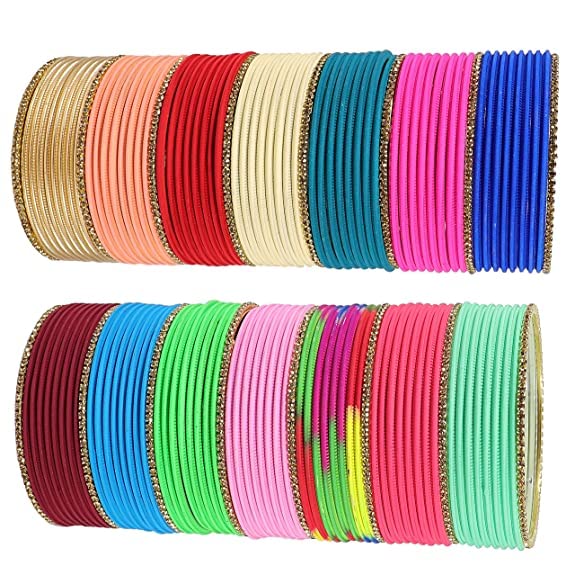 NMII Non-Precious Metal Base Metal with Zircon Gemstone Studded worked and Cutting Shaped Glossy Finished Bangle Set For Women and Girls,(Multicolor_2.10 Inches) Pack Of 144 Bangle Set