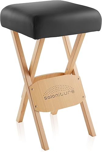 Saloniture Taburete de masaje plegable de madera con estuche de transporte, negro