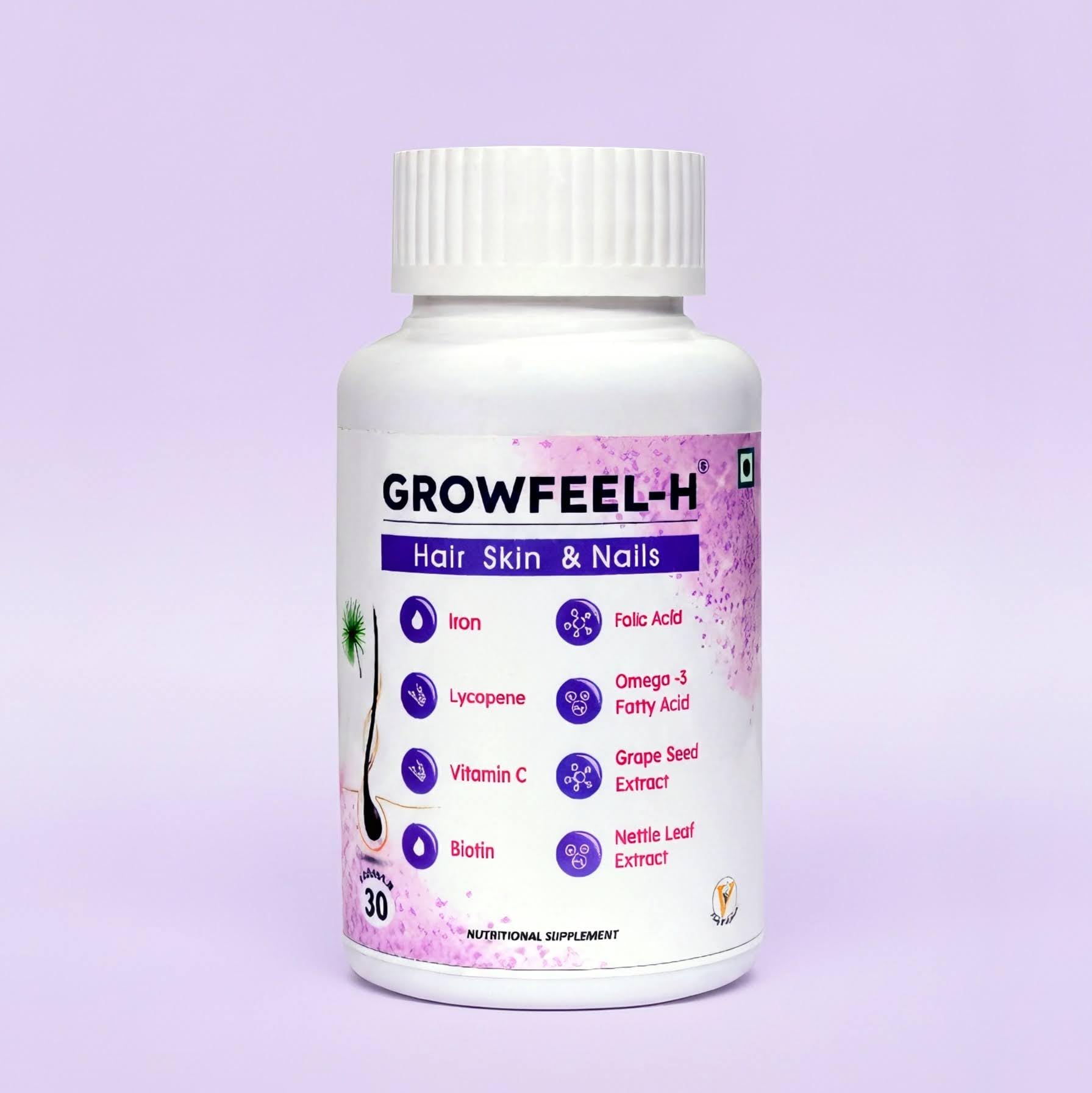 Growfeel-H Tablets for Hair, Skin & Nail Nutrition – 30 Tablets | With Biotin, Omega-3, Iron, Vitamin C, Grape Seed & Nettle Leaf Extract | Daily Wellness Supplement