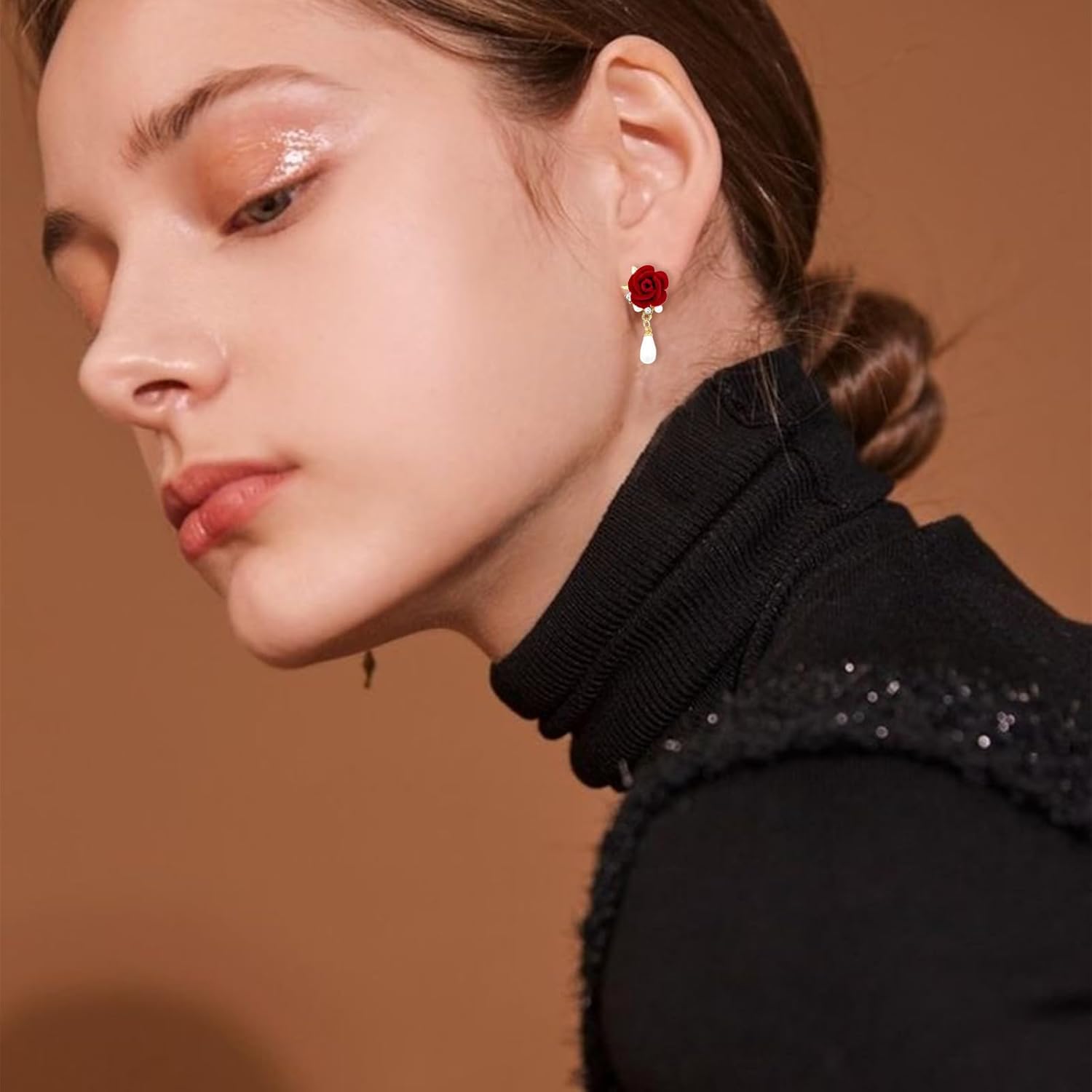 3 Pcs Red Rose Jewelry Set for Women Trendy Dainty Rose Flower Pendant Necklace Vintage Red Flower Bracelet Dangle Earrings Wedding Valentine's Day Jewelry - Image 3