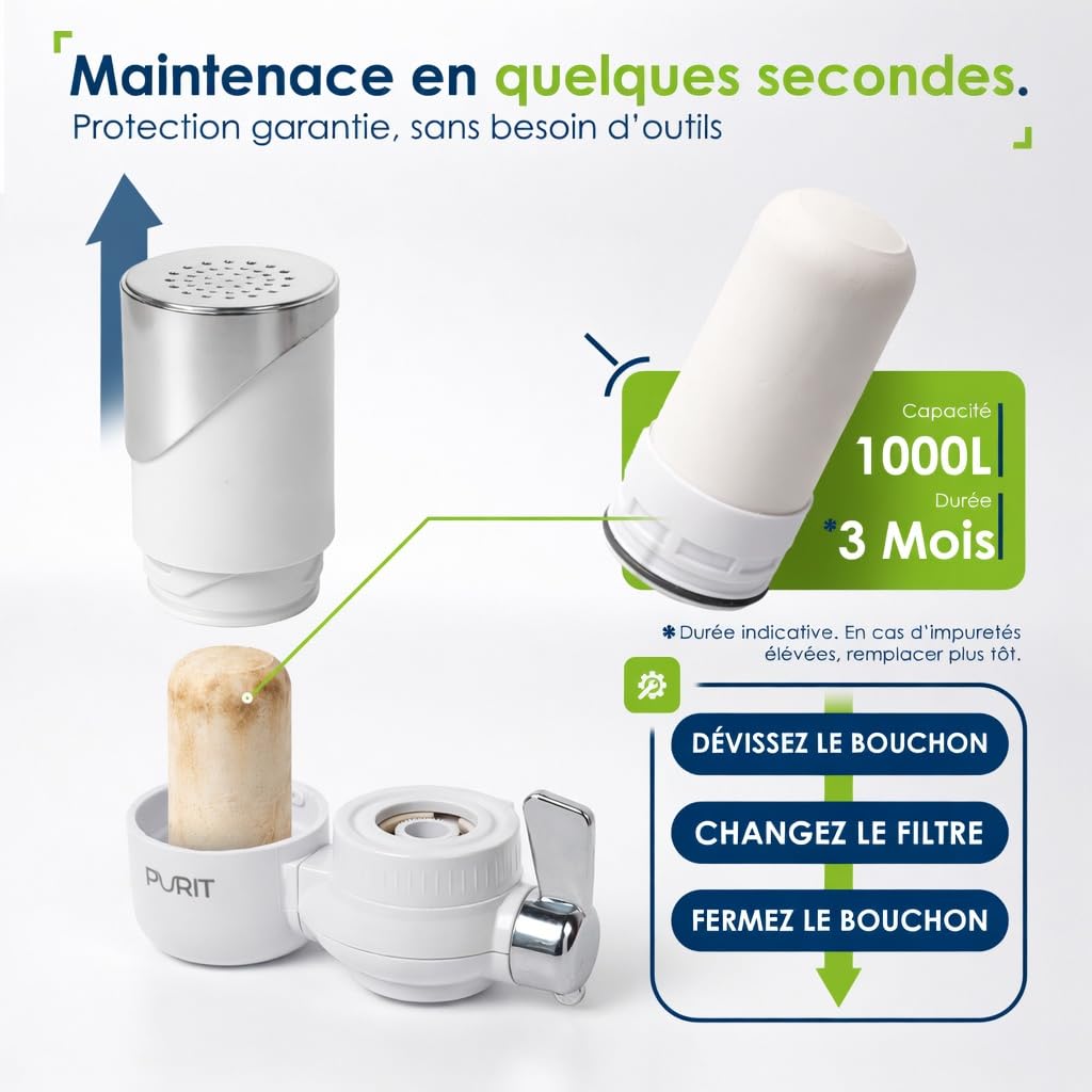 PURIT Filtre à eau robinet cuisine cartouche céramique diatomée charbon actif 1000 L