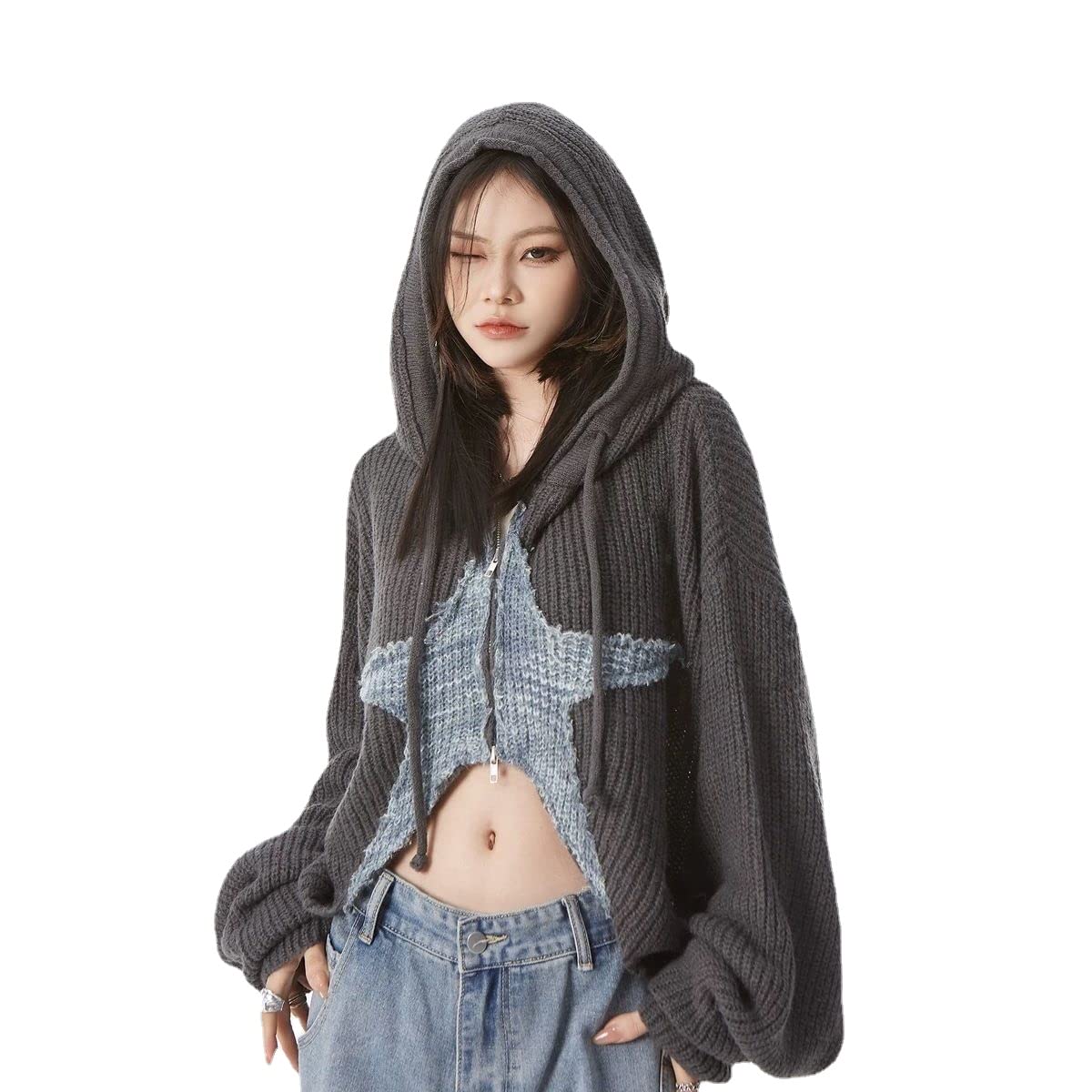 YELLOOP Y2K Hoodie for Women Zip Up Hoodie Women Oversized Hoodie for Women Cropped Sweater
