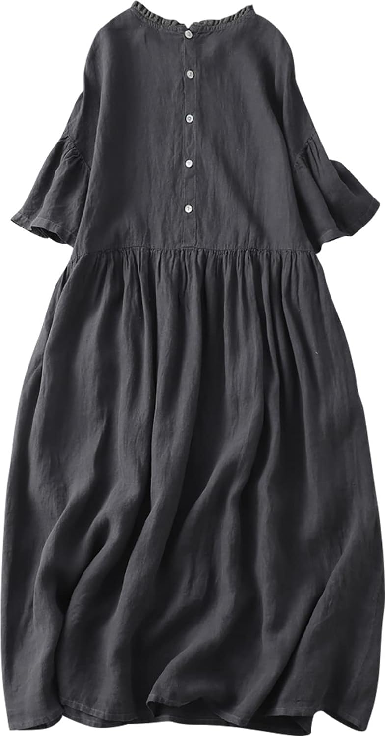 Summer Fashion Cotton Linen Shirt Dresses Women Short Sleeve Button Down High Waist Slim Long Dress Casual Maxi Dress