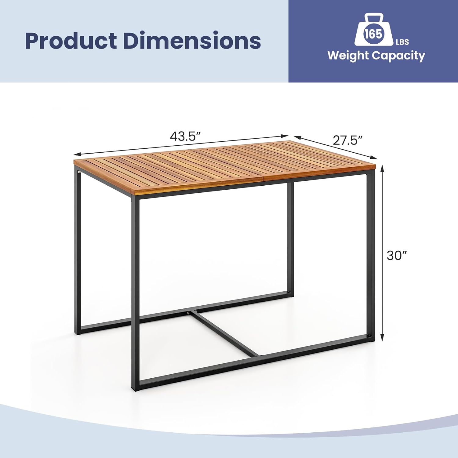 Tangkula Acacia Wood Patio Dining Table, 4-Person Rectangular Outdoor Dining Table with Metal Frame, Outdoor Patio Table for Porch, Garden, Deck, Lawn and Backyard
