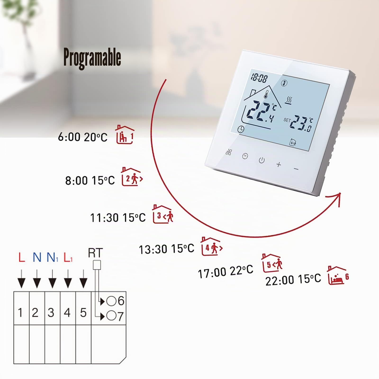 Termostato Digital para Habitaciones, Pantalla LED, regulador de Temperatura, programable semanalmente, para calefacción eléctrica por Suelo Radiante (Blanco,16 A)