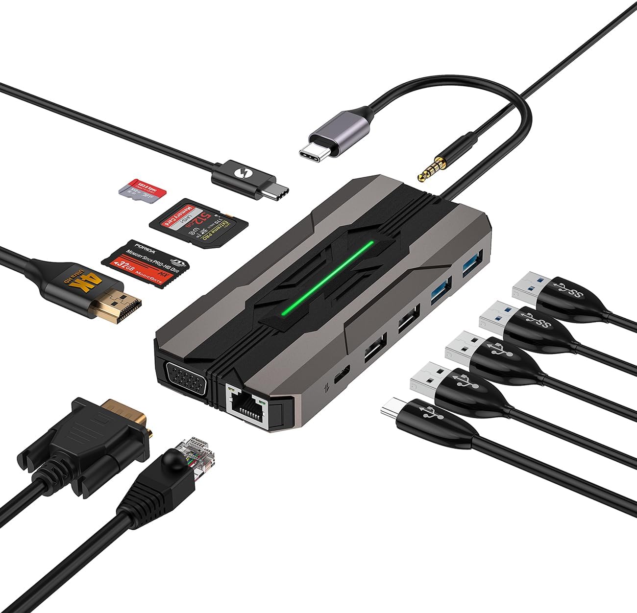13-in-1 USB C Multiport Adapter, Gaming USB C Hub, USB C Docking Station with 4K HDMI, MS/SD/TF, VGA, 100W PD Charging, Ethernet, 2*USB 3.0 and USB 2.0, 1*USB C, Audio, Suitable for MacBook/Dell Etc