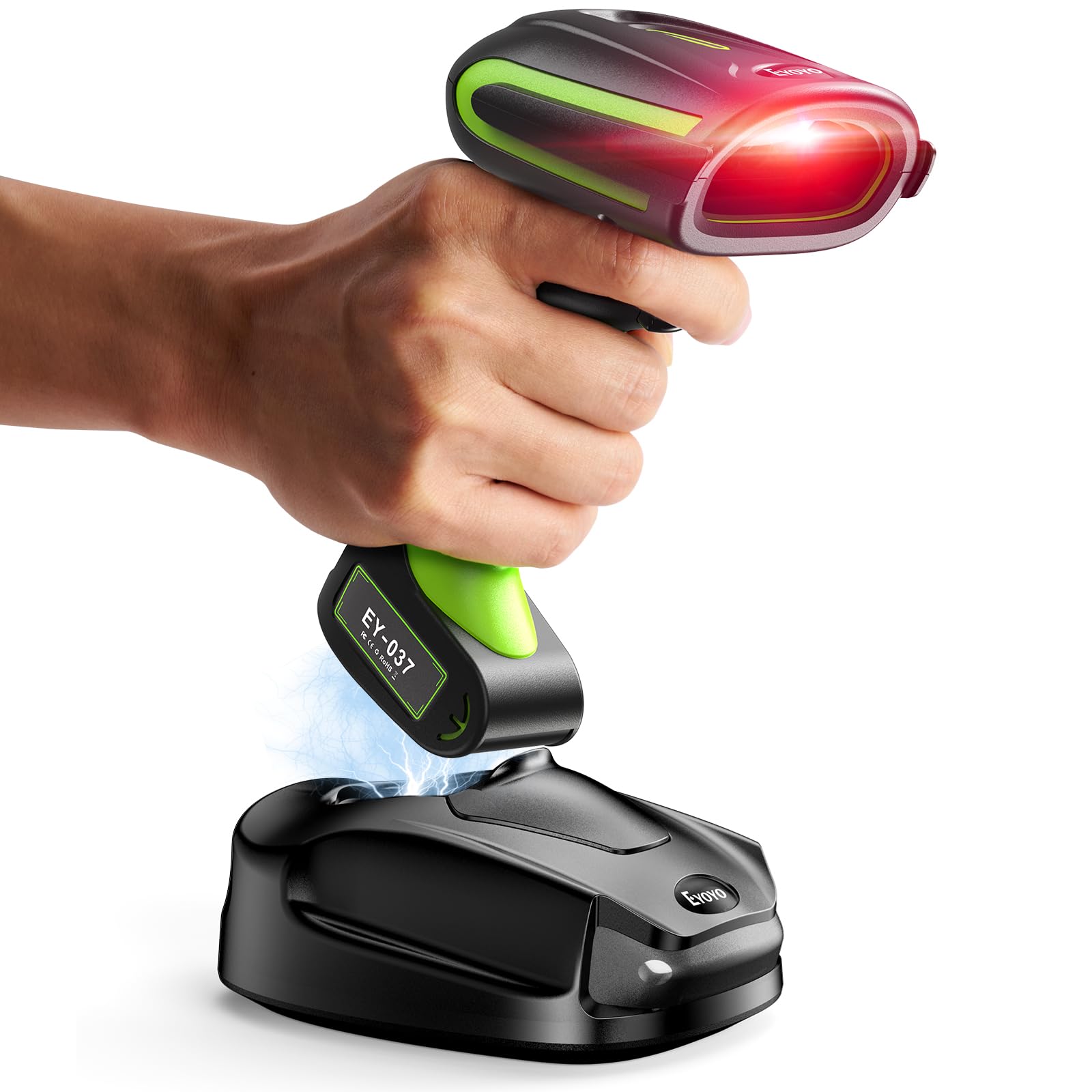 2D QR Industrial Barcode Scanner with Wireless Charging Stand, Rugged Heavy Duty & IP65 Waterproof 3-in-1 Bluetooth &Wireless&USB Hands-Free Barcode Reader for Laptop Desktop Tablet Android