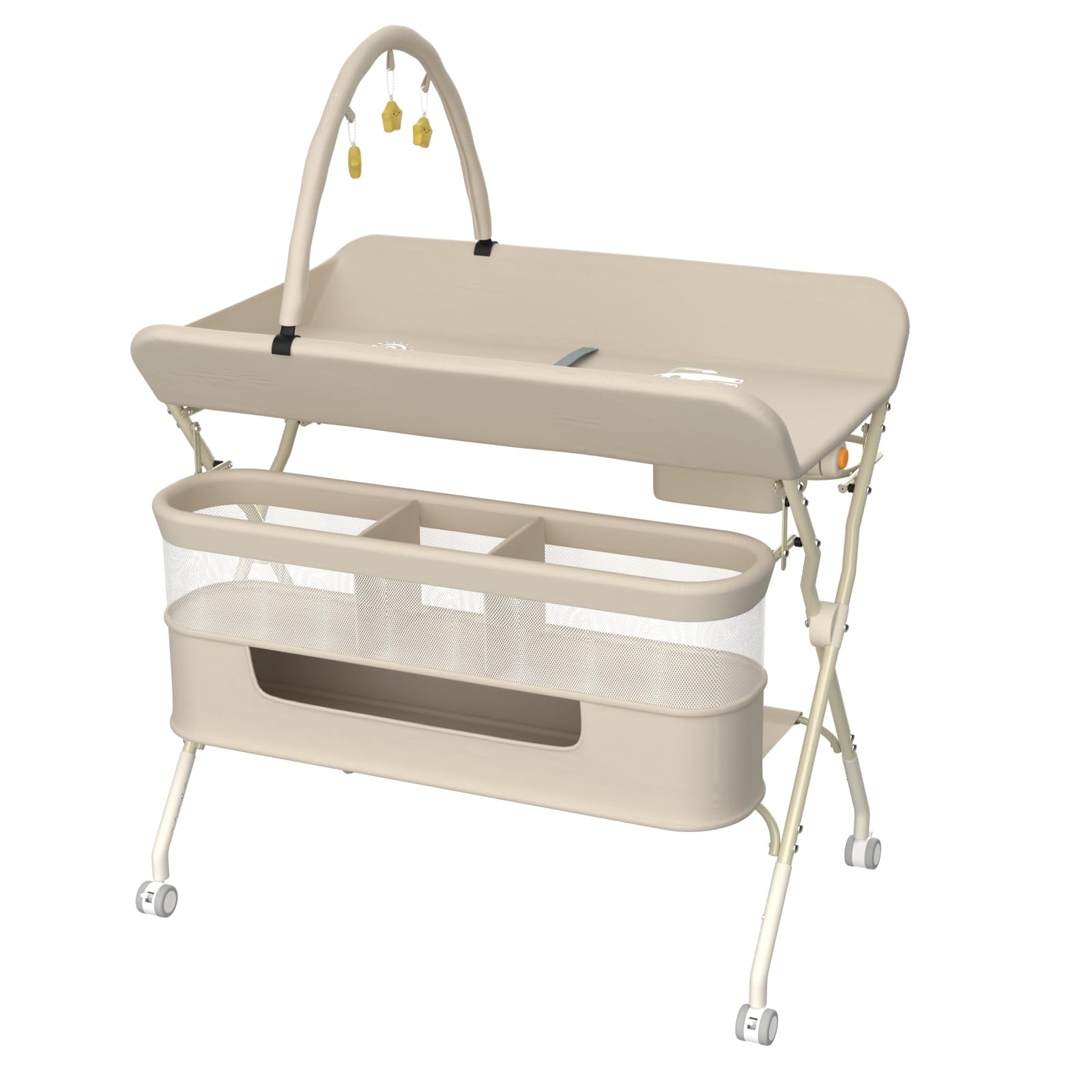 HUOLE 3 in 1 Wickeltisch klappbar, Mobile Wickelkommode mit Rollen, Wickelstation höhenverstellbar, tragbare Wickelauflage bis 25 kg Belastbar,75 x 68 x 83–91 cm (B) Cremeweiß