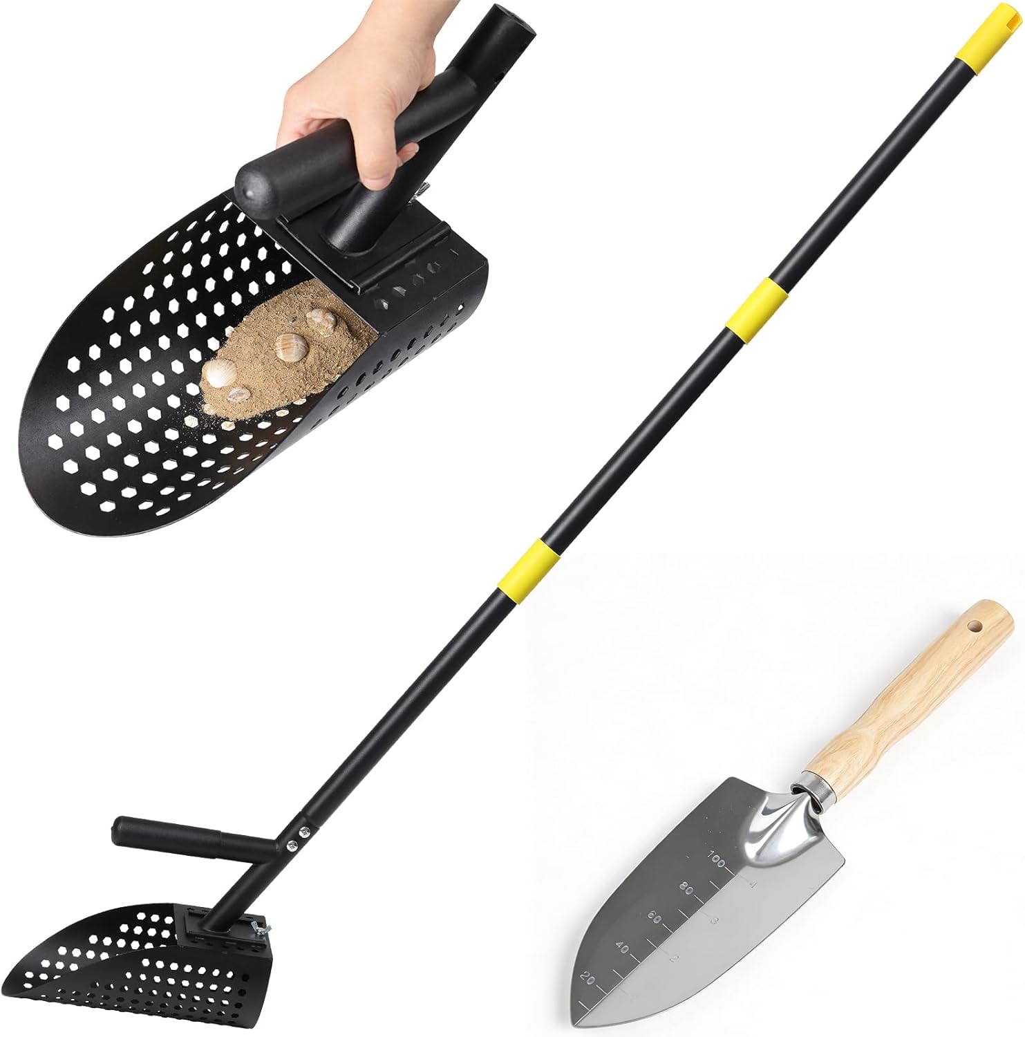 Sand Scoop for Metal Detecting, Long Handle with Shovel Metal Detector for Beach, Stainless Steel Sand Sifter Shovel for Underwater Hunting, Black