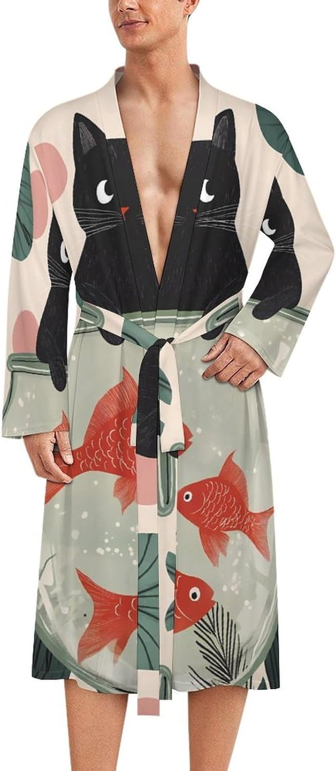 Fish And Cat Men's Robe Soft Bathrobe V Neck Loungewear Sleepwear Nightgown Dressing Gown