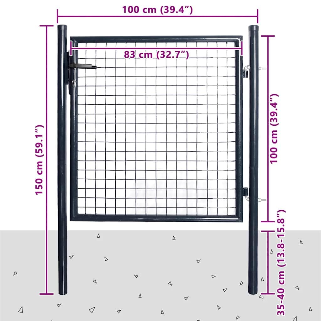 Galvanized Steel Mesh Garden Gate Anthracite Gray 100 x 150 cm, adjustable 99 to 105 cm width, 48 mm posts, lock, hinge, 3 keys for fence, yard, terrace, driveway