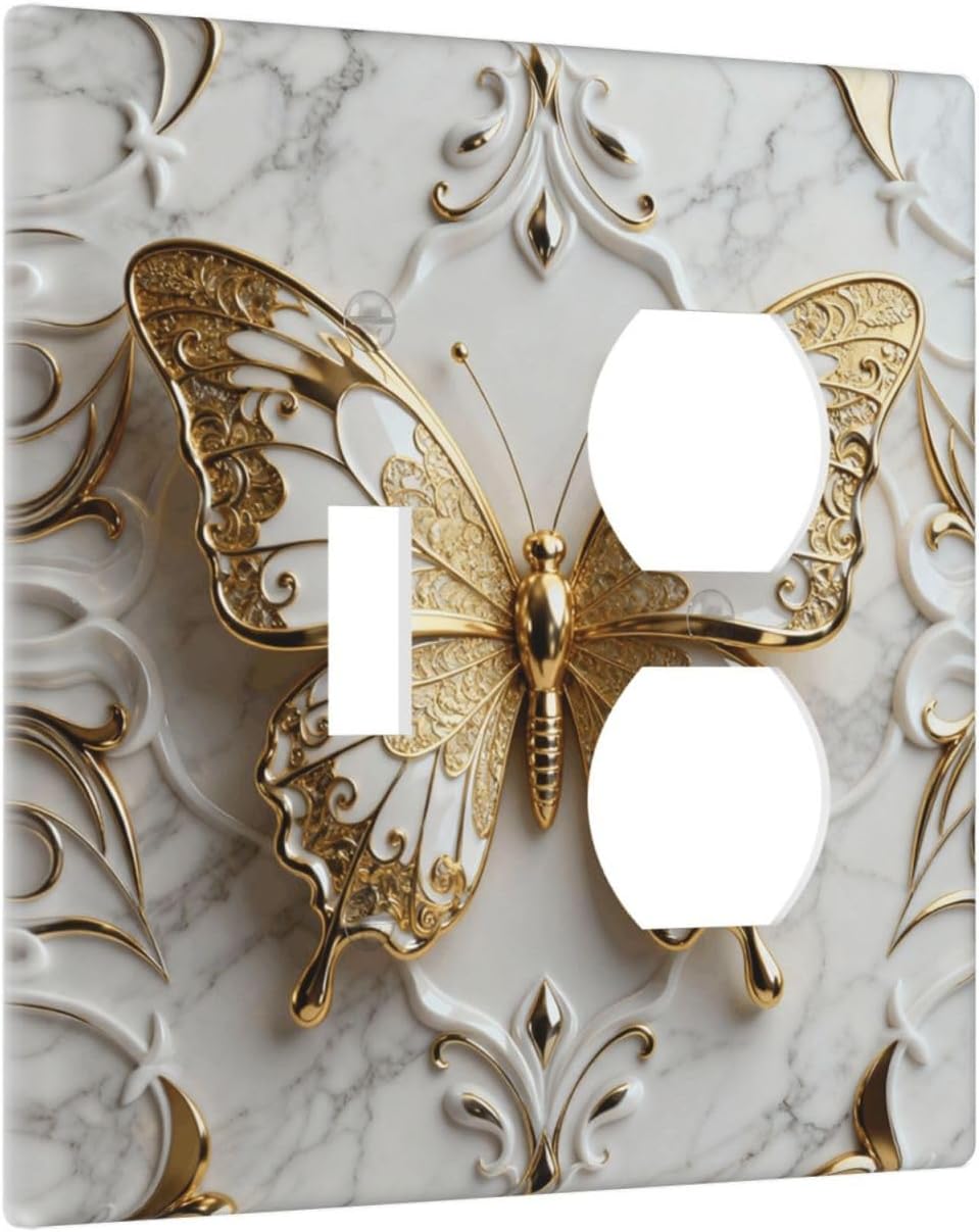 Decorative Outlet Covers Rococo Gold Butterfly Grey Marble 2 Gang Light Switch Cover Plate Single Toggle Duplex Wall Plates for Electrical Outlets Switch Plate Covers for Home Decor image 2