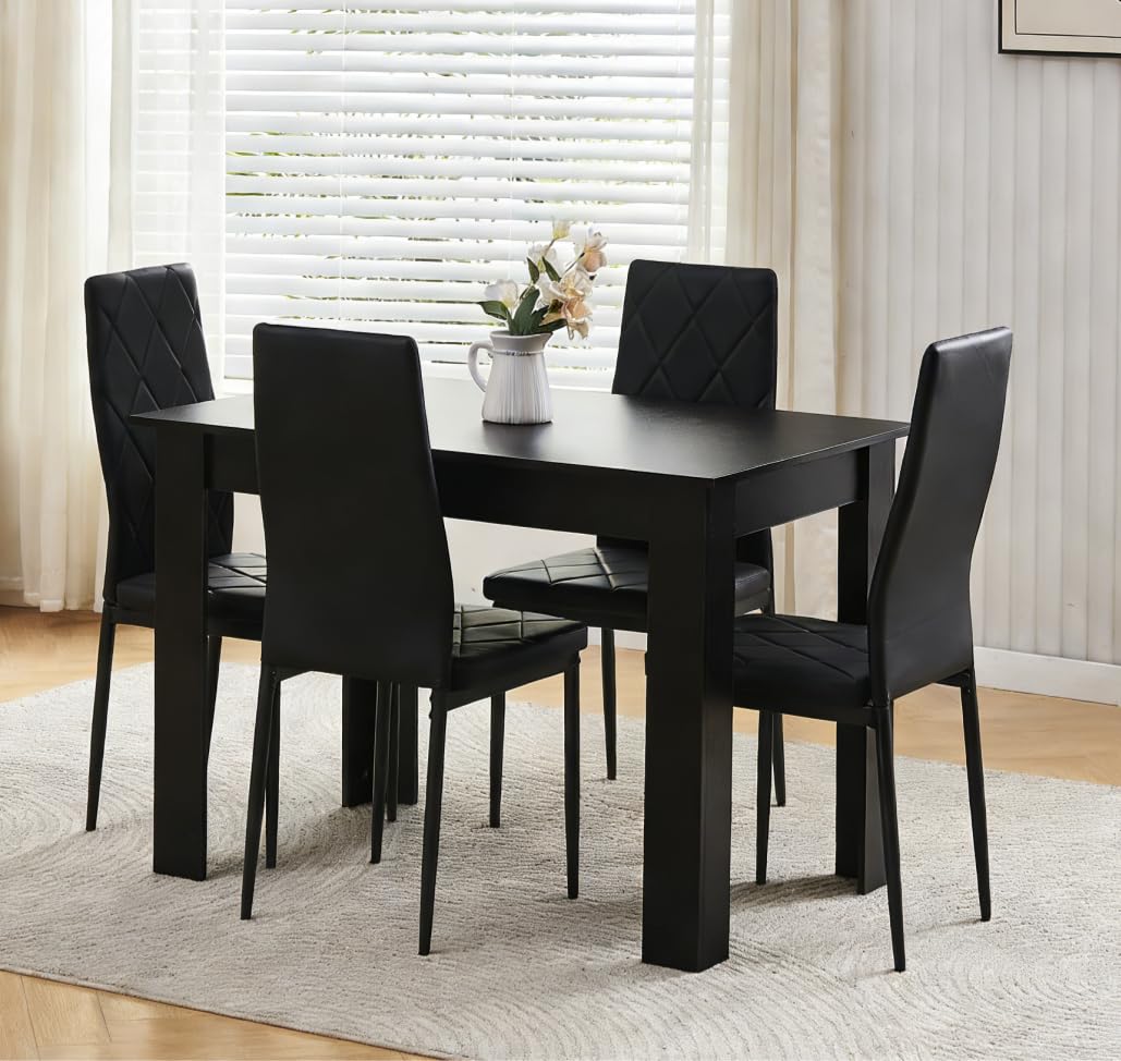 Menaka Modern Wooden Dining Room Table and Chairs Set of 4 for Small Space, 5 Pieces Rectangular Kitchen Table with 4 Chairs (110cm black table and 4 black leather chairs#1) — view 25