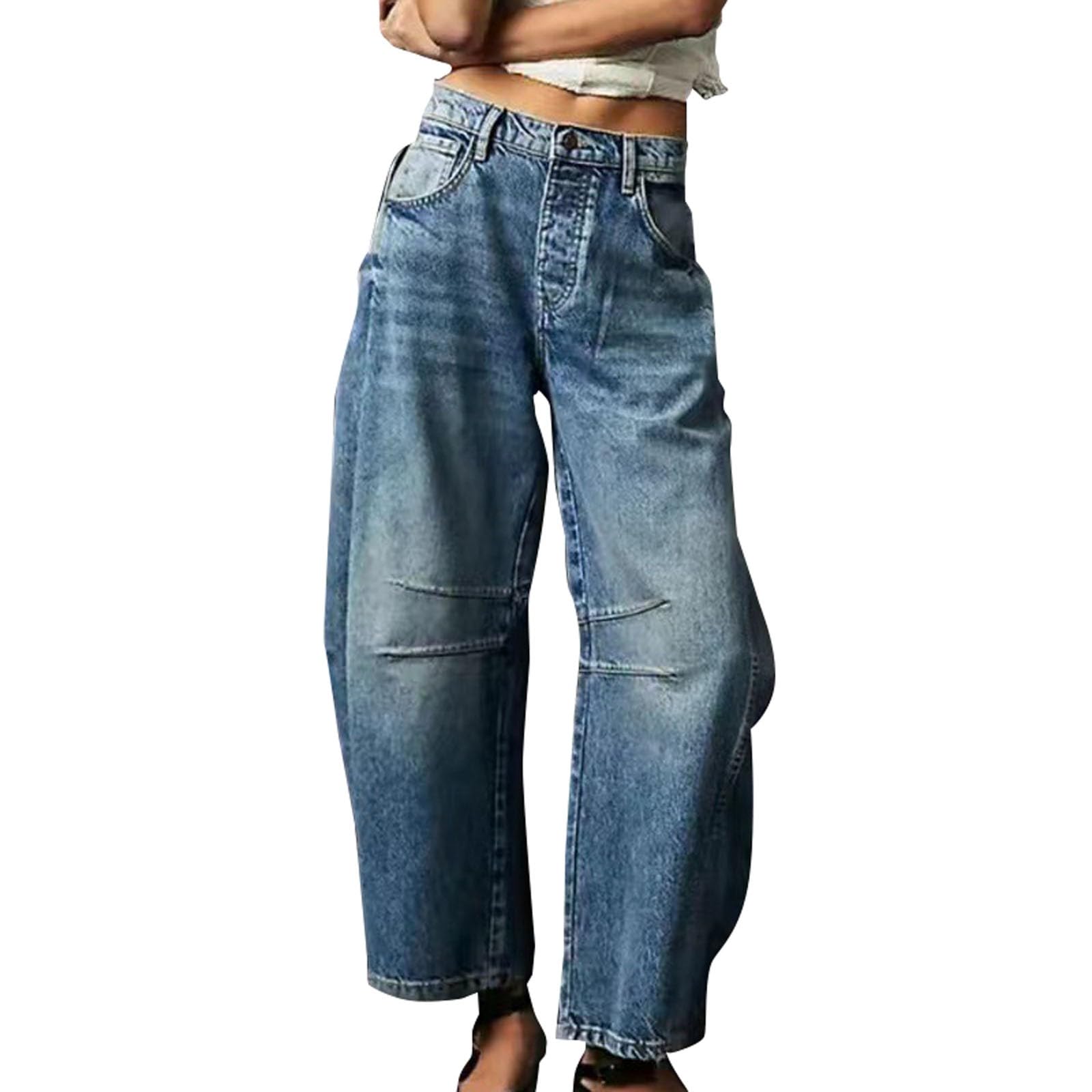 Denim Harem Pants Women Mid Rise Stretch Wide Leg Palazzo Boyfriends Juniors Work Jeans Distressed Classic Washed Cotton Baggy Y2k Barrel Jeans Vintage Streetwear with Pockets