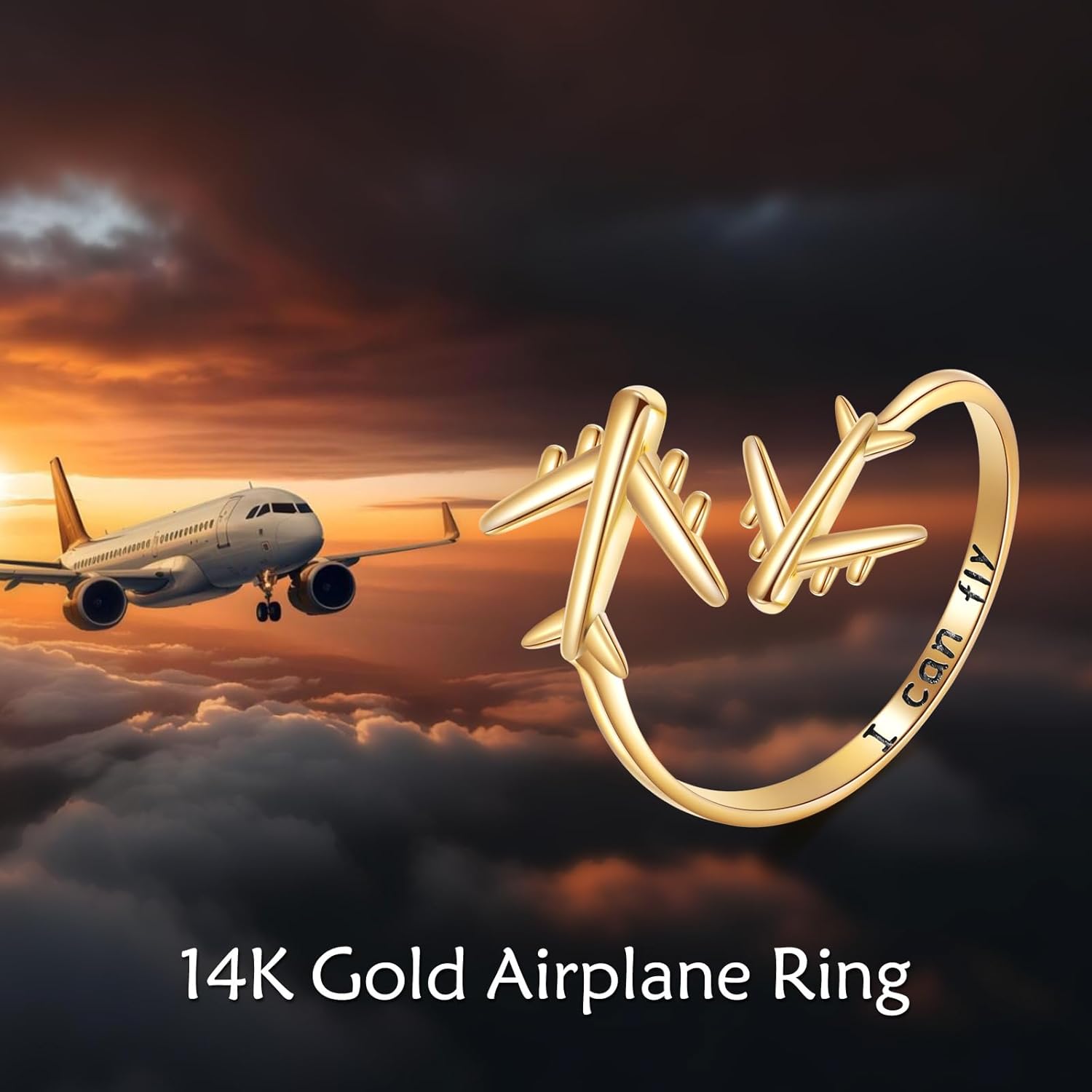 KECHO 14K Gold Airplane Ring Gift for Flight Attendants Pilots Aviation Lovers Dainty Travel Jewelry for Women & Men