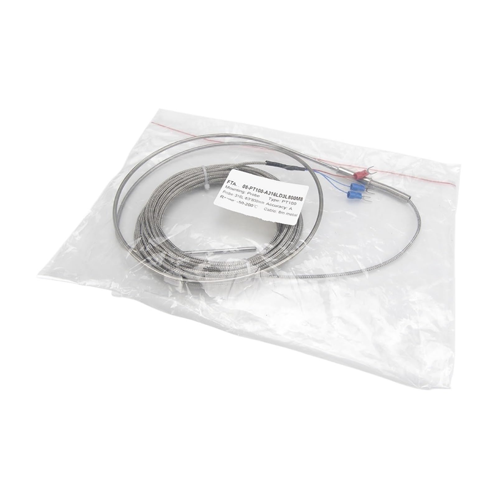 Sensor de temperatura tipo PT100, cable trenzado metálico de 8 m, sonda flexible revestida de acero inoxidable 316L.