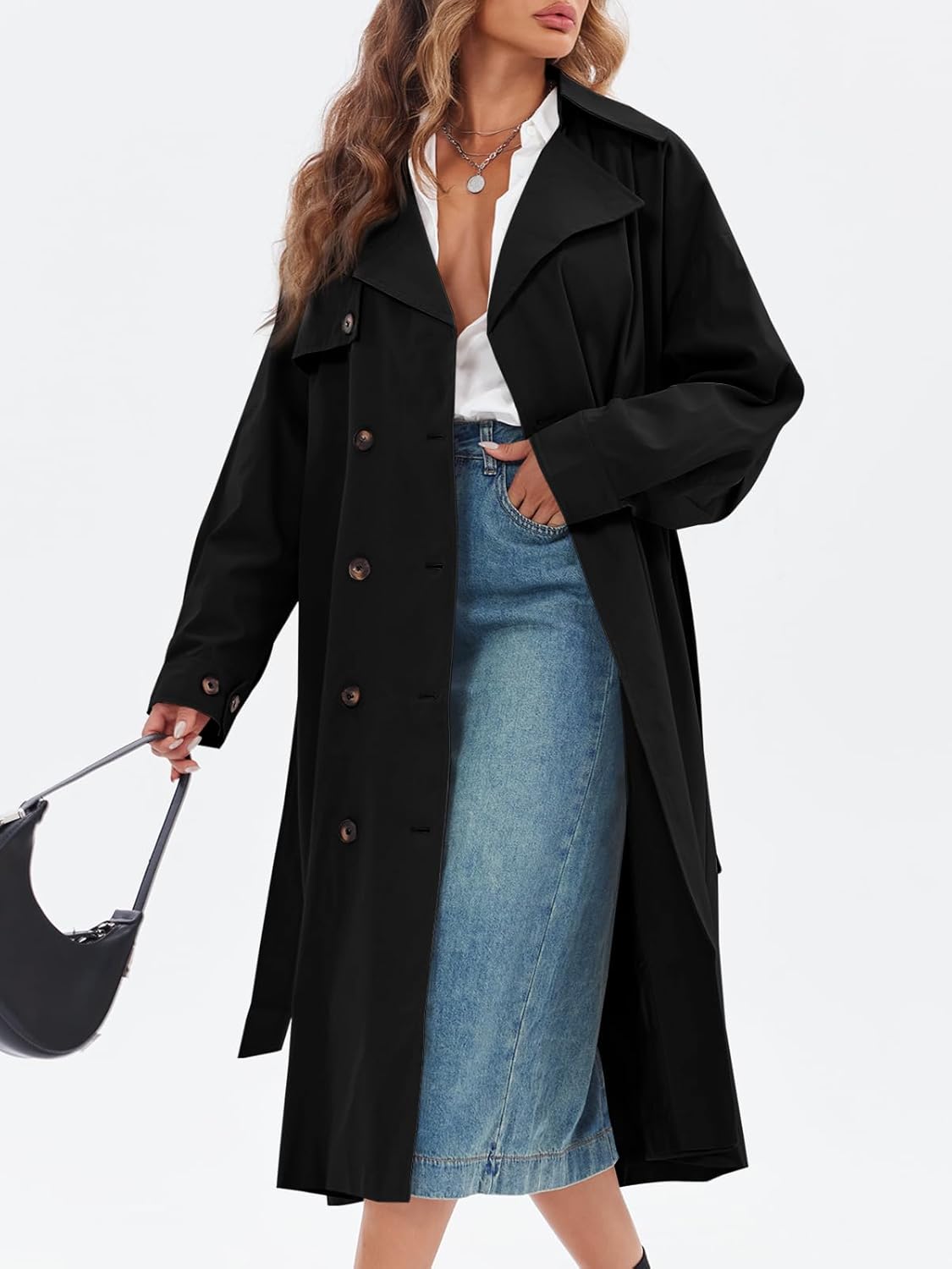 Tankaneo Womens Double Breasted Long Trench Coat Oversized Classic Lapel Belted Overcoat - Image 4