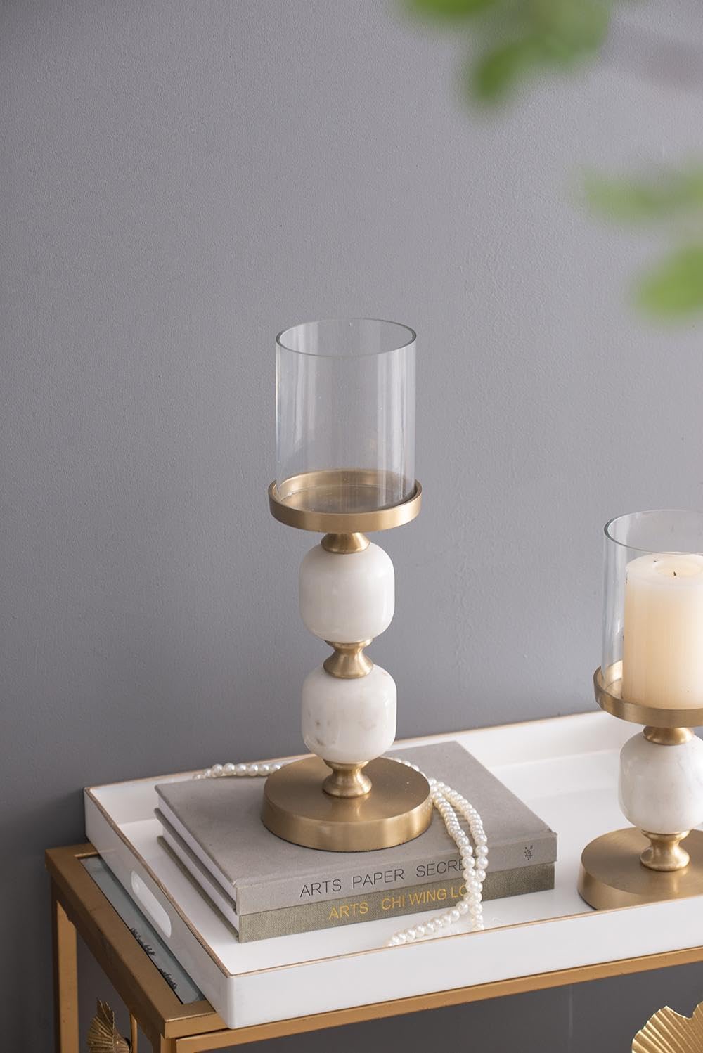 D5x15.5 Elegant Marble and Brass Hurricane Candle Holder - Luxurious White Marble Pedestal with Clear Glass Cylinder for Pillar Candles, Modern Farmhouse Decor Accent