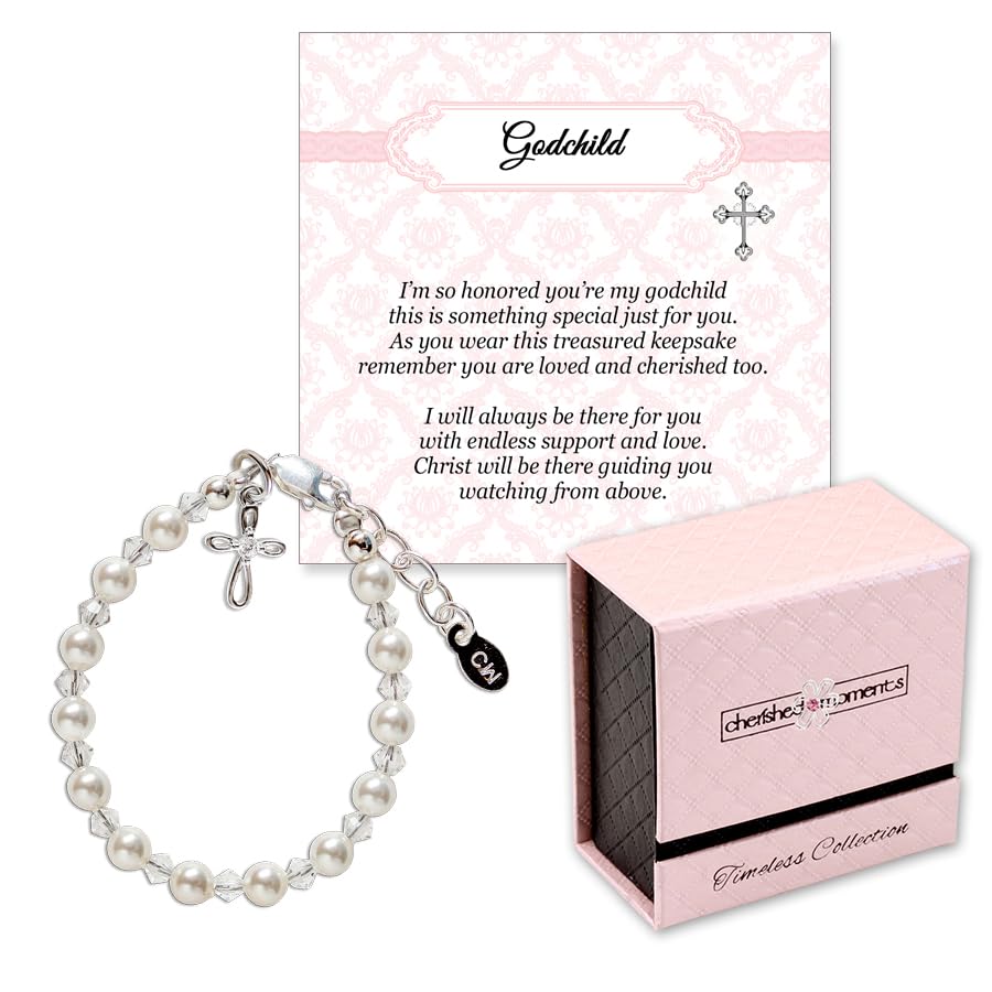 Image of Cherished Moments .925 Sterling Silver Cross Bracelet with Simulated Pearls for Godchild, Baptism or First Communion Gift with Poem in Gift Box