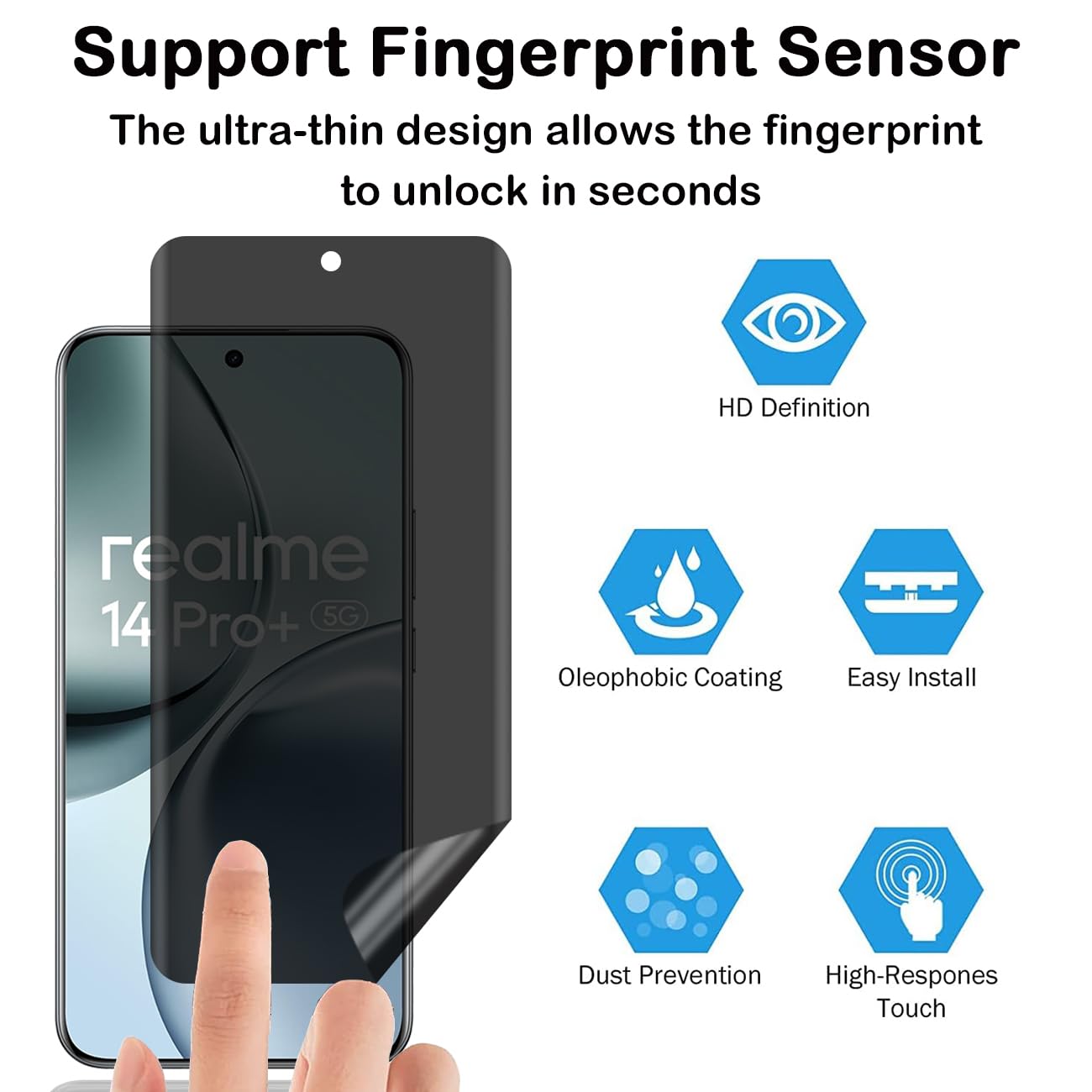 KUSINHOKA 2 Pezzi Privacy Pellicola Protettiva per Realme 14 Pro Plus 5G/Realme 14 Pro+, [Anti Spy] Hydrogel Flessibile Protezione Schermo [Non Vetro], Anti -Graffio Sensibile Film Protettiva